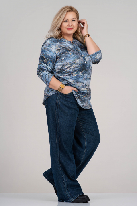 МАКСИ блуза с красив акварелен принт в синята гама и нежни златисти отблясъци