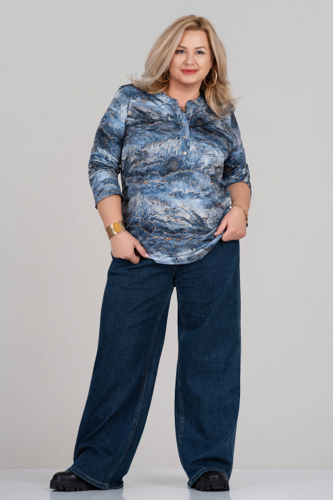 МАКСИ блуза с красив акварелен принт в синята гама и нежни златисти отблясъци