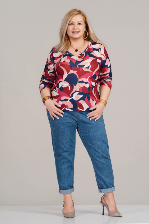 МАКСИ блуза с остро деколте и геометричен принт в розово, синьо и златисто