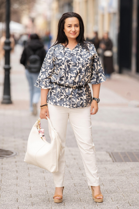 Макси блуза със свободна кройка с принт листа в тъмно синьо