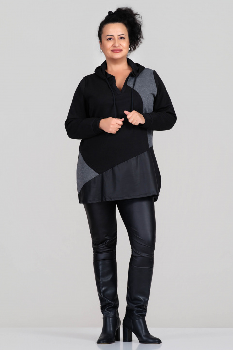 МАКСИ блуза тип суитшърт в черно с качулка и връзки