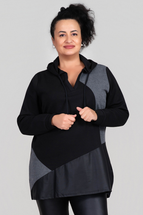 МАКСИ блуза тип суитшърт в черно с качулка и връзки