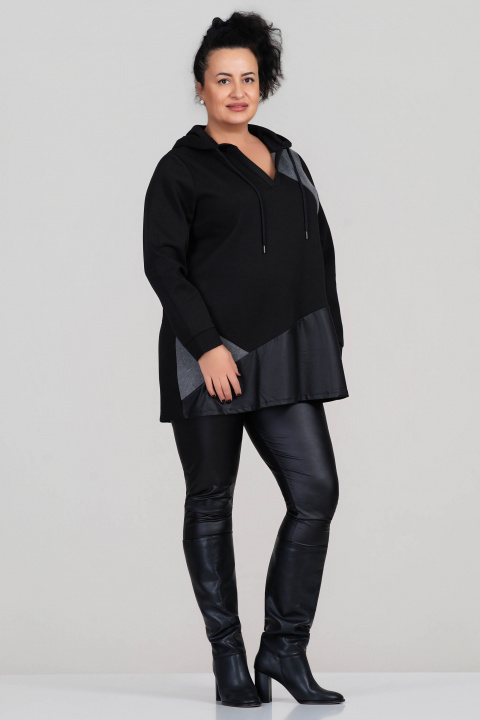 МАКСИ блуза тип суитшърт в черно с качулка и връзки