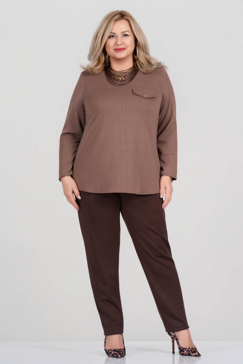 МАКСИ блуза в бежово от плътна раирана материя и декоративен джоб с капак