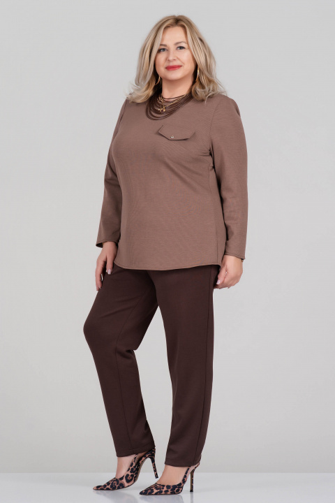 МАКСИ блуза в бежово от плътна раирана материя и декоративен джоб с капак