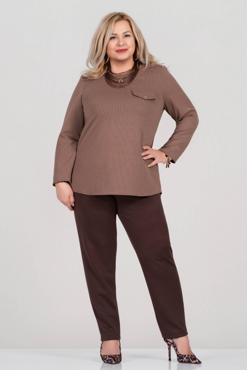 МАКСИ блуза в бежово от плътна раирана материя и декоративен джоб с капак