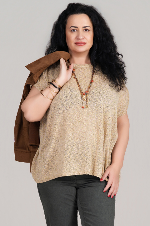 МАКСИ блуза в бежово с нишка ламе и интересен гръб