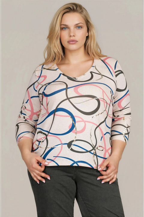 МАКСИ блуза в бежово с остро деколте и геометричен принт в розово, синьо и златисто