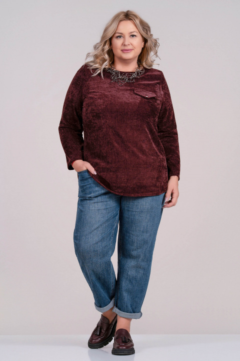 МАКСИ блуза в бордо от плътна кадифена материя с декоративен джоб с капак