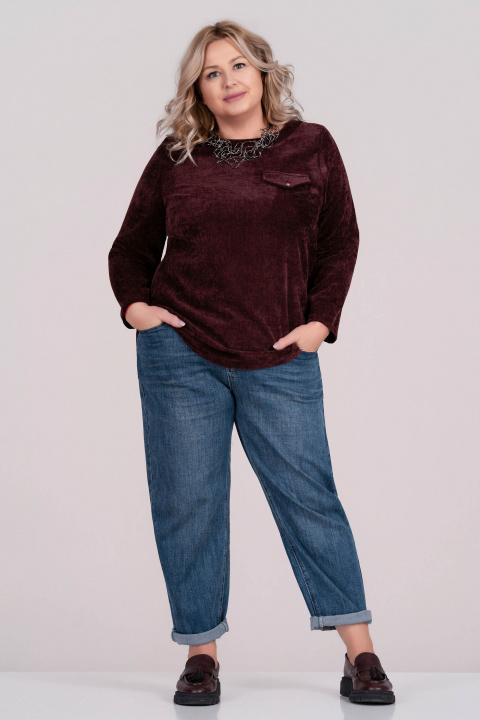 МАКСИ блуза в бордо от плътна кадифена материя с декоративен джоб с капак