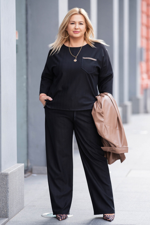 МАКСИ блуза в черно с джоб и апликирана дантела