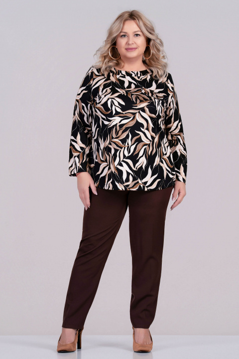 МАКСИ плътна блуза в черно с ефектен принт с листа