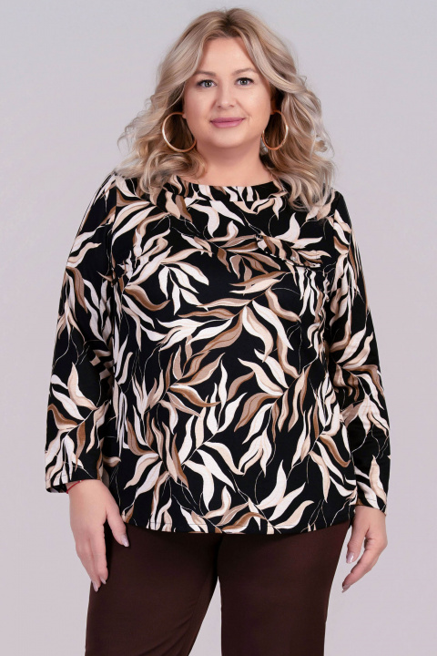 МАКСИ плътна блуза в черно с ефектен принт с листа