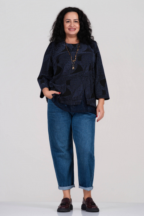 МАКСИ блуза с лъскав син ефект и дантелени детайли