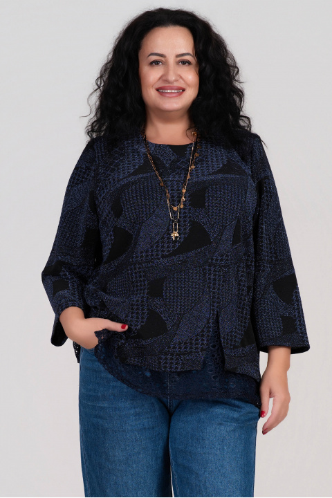 МАКСИ блуза с лъскав син ефект и дантелени детайли