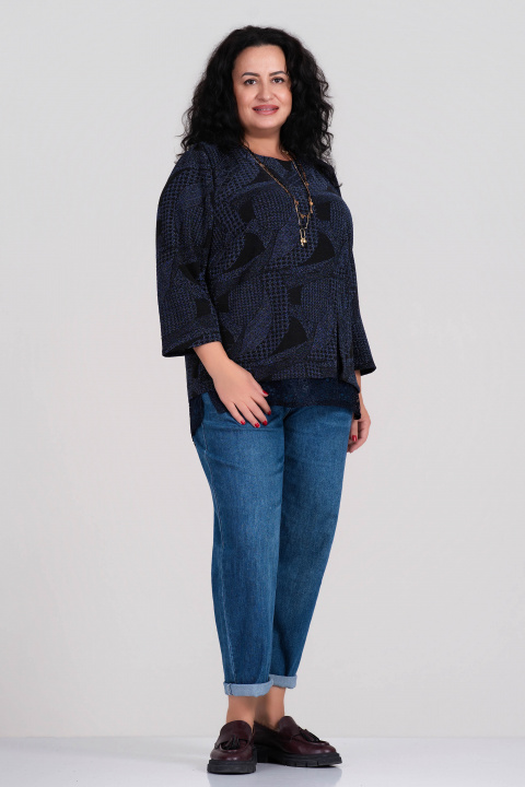 МАКСИ блуза с лъскав син ефект и дантелени детайли