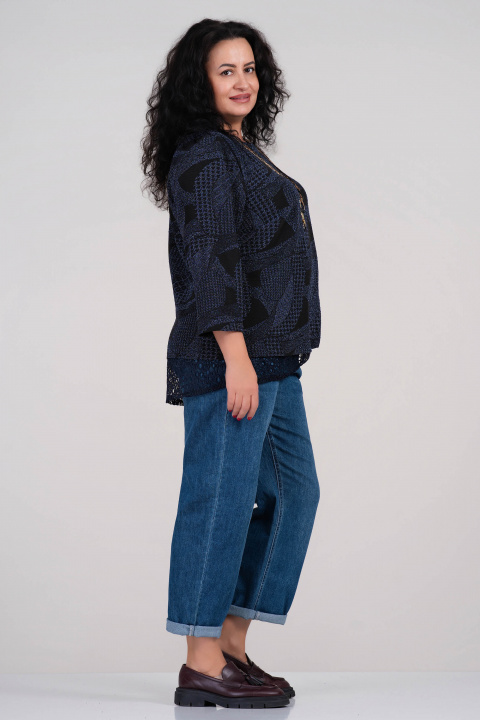 МАКСИ блуза с лъскав син ефект и дантелени детайли