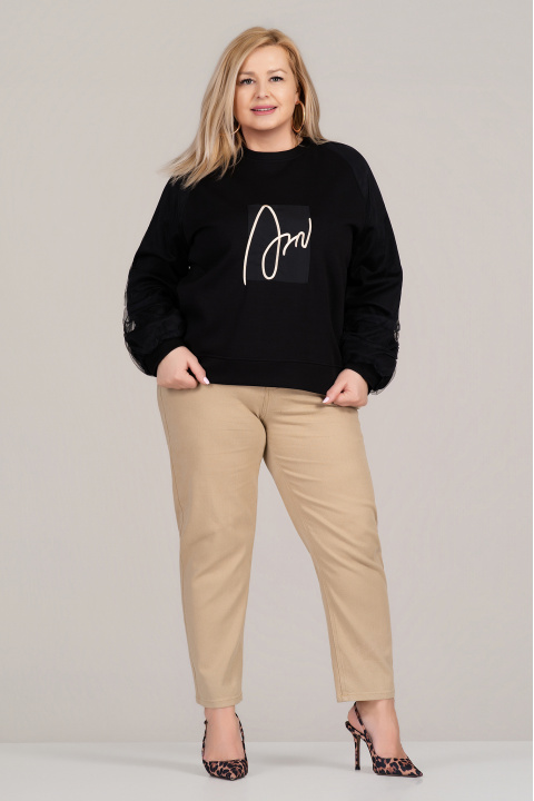 МАКСИ блуза в черно с надпис и тюлена декорация