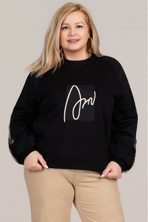 МАКСИ блуза в черно с надпис и тюлена декорация