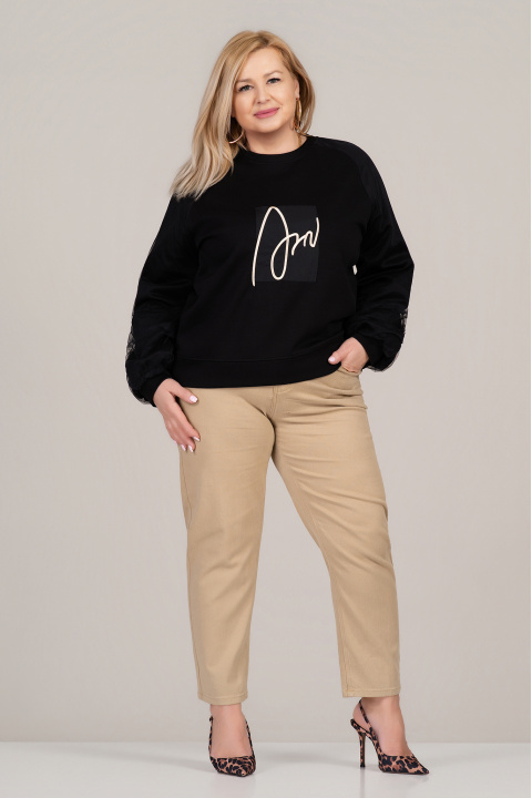 МАКСИ блуза в черно с надпис и тюлена декорация