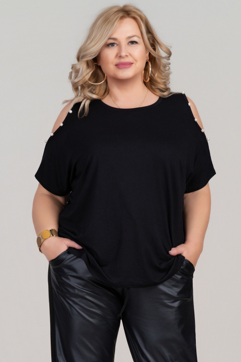 МАКСИ блуза в черно с отворен ръкав с декорирани перли