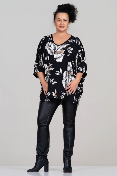 МАКСИ блуза в черно с принт бели листа