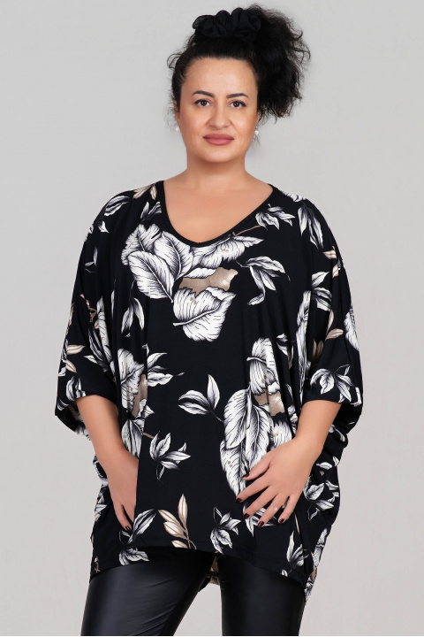 МАКСИ блуза в черно с принт бели листа