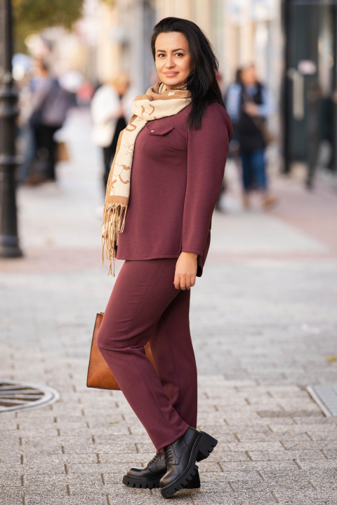 МАКСИ блуза в цвят бордо от плътна раирана материя и декоративен джоб с капак