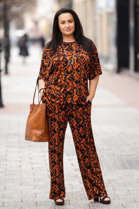 МАКСИ блуза в цвят керемида с черен етно принт