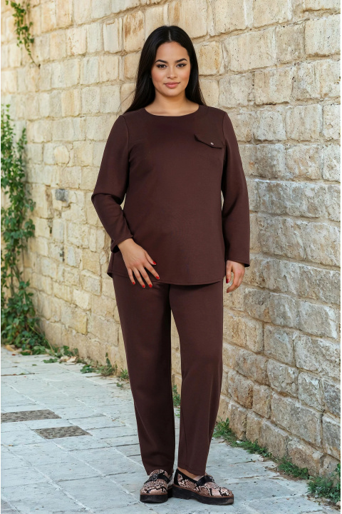 МАКСИ блуза в кафяво от плътна гладка материя с декоративен джоб с капак