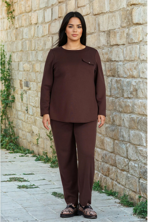 МАКСИ блуза в кафяво от плътна гладка материя с декоративен джоб с капак