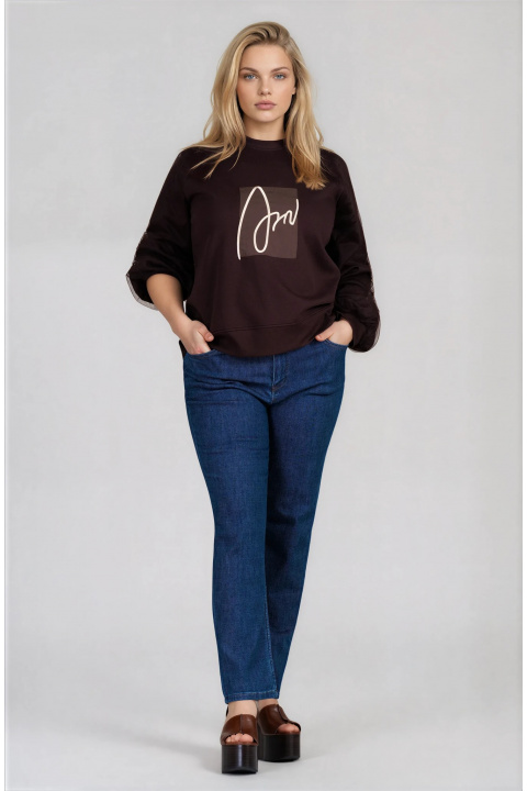 МАКСИ блуза в кафяво с щампован надпис и тюлена декорация