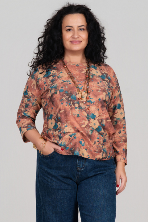 Макси блуза в пастелно розово от фино плетиво с флорален принт