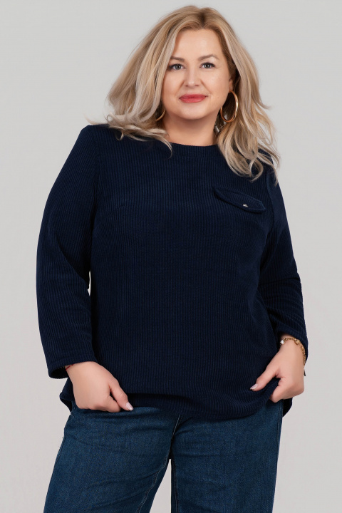 МАКСИ блуза в тъмносиньо от плътна релефна материя с декоративен джоб с капак