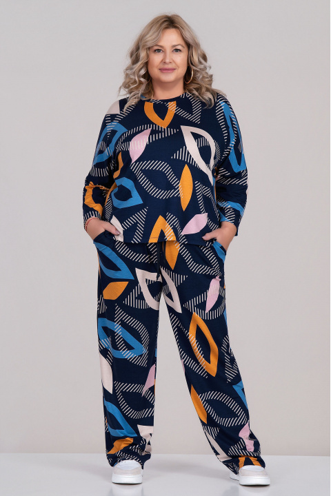 Макси блуза в тъмносиньо с цветен фигурален принт