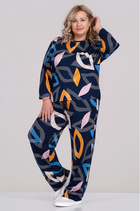 Макси блуза в тъмносиньо с цветен фигурален принт