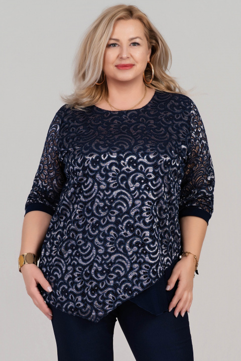 Макси блуза в тъмносиньо с ефектна дантела и асиметрична дължина