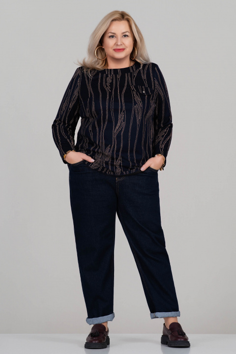 Макси блуза в тъмносиньо с контрастен десен и декоративен джоб