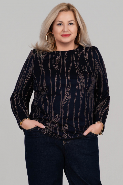 Макси блуза в тъмносиньо с контрастен десен и декоративен джоб