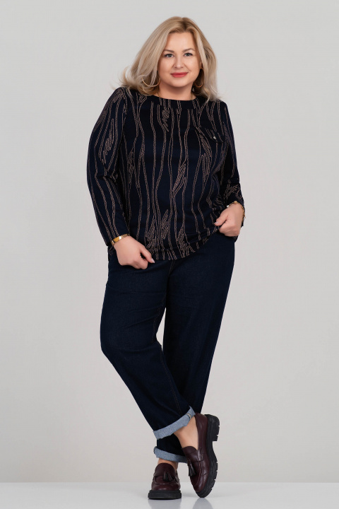 Макси блуза в тъмносиньо с контрастен десен и декоративен джоб