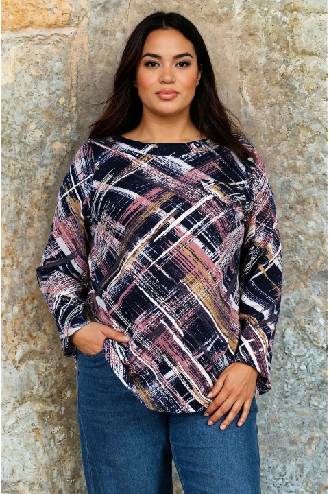 МАКСИ блуза в тъмносиньо с многоцветен щрих