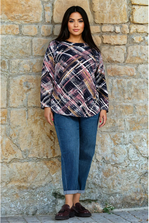 МАКСИ блуза в тъмносиньо с многоцветен щрих