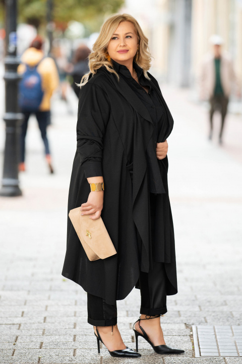 МАКСИ дълга асиметрична жилетка в черно с два джоба