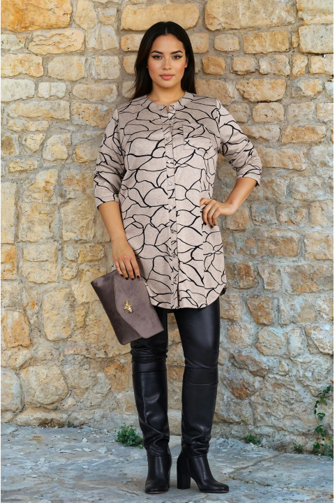 МАКСИ дълга риза с вълна в бежово с черен принт