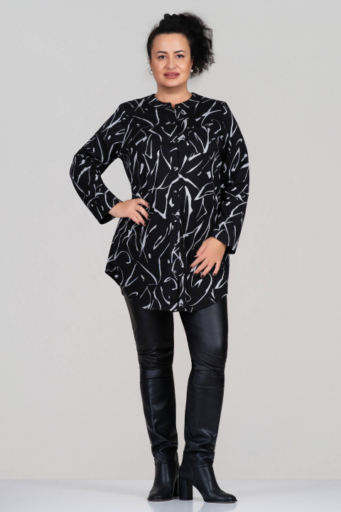 МАКСИ дълга риза с вълна в черно със светъл абстрактен принт