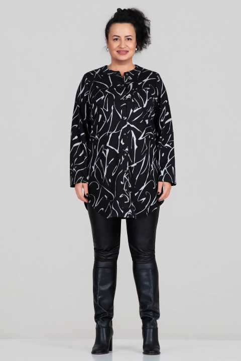 МАКСИ дълга риза с вълна в черно със светъл абстрактен принт