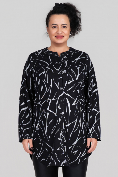 МАКСИ дълга риза с вълна в черно със светъл абстрактен принт