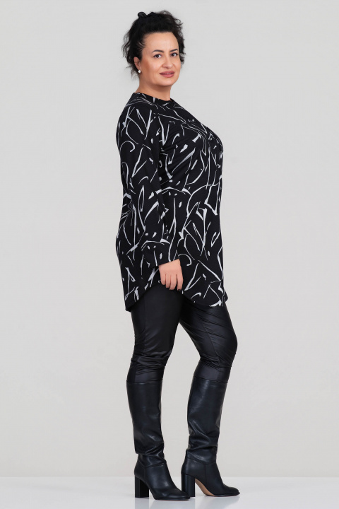 МАКСИ дълга риза с вълна в черно със светъл абстрактен принт