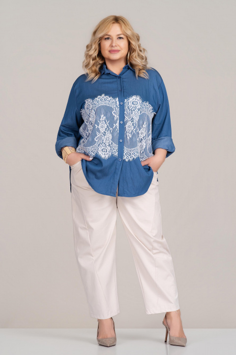 Макси дълга риза в синьо с бяла дантела и свободна кройка