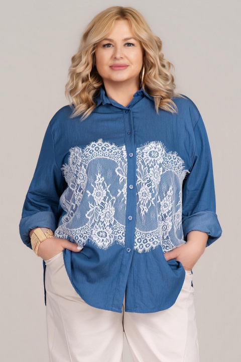 Макси дълга риза в синьо с бяла дантела и свободна кройка